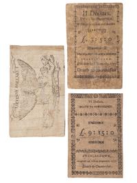 [COLONIAL CURRENCY -- SOUTH CAROLINA]. A group of 3 notes for $2, $6, and $70, dating from 1776, 1777, and 1779.