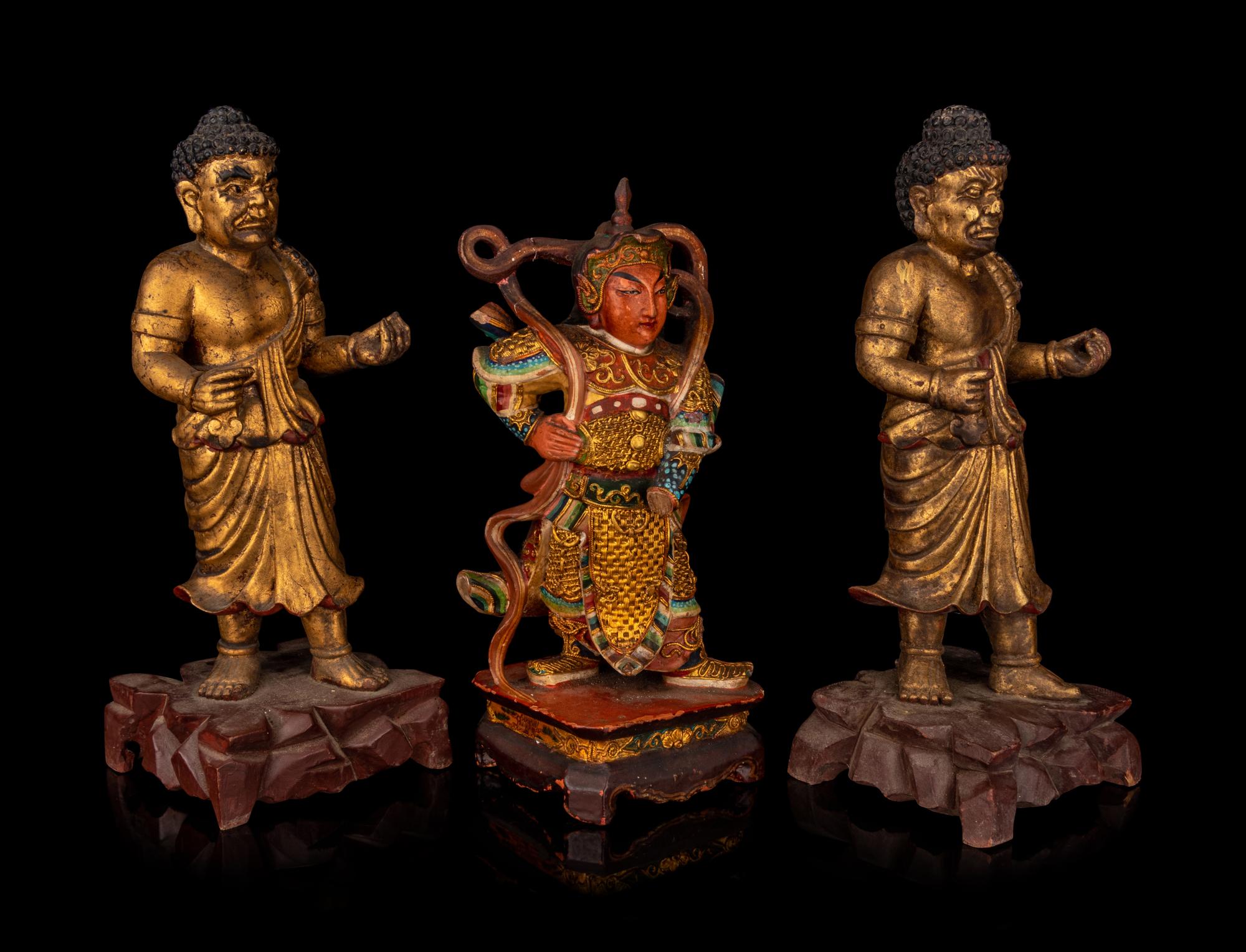 Three Chinese Gilt Lacquered Wood Figures