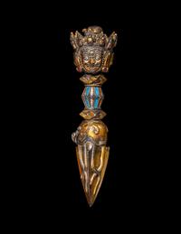 A Tibetan Gilt and Painted Bronze Vajra