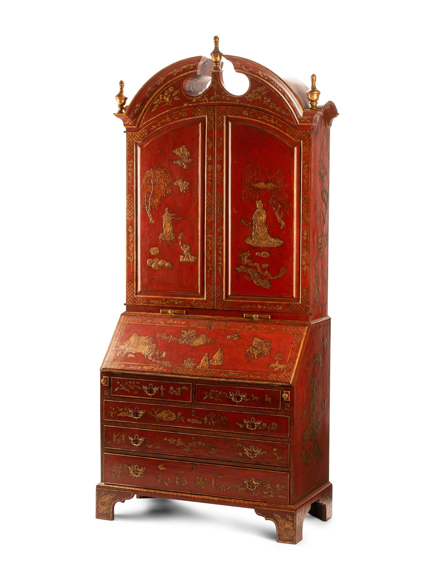 A George II Style Red Lacquered Chinoiserie Secretary Bookcase — 20TH CENTURY