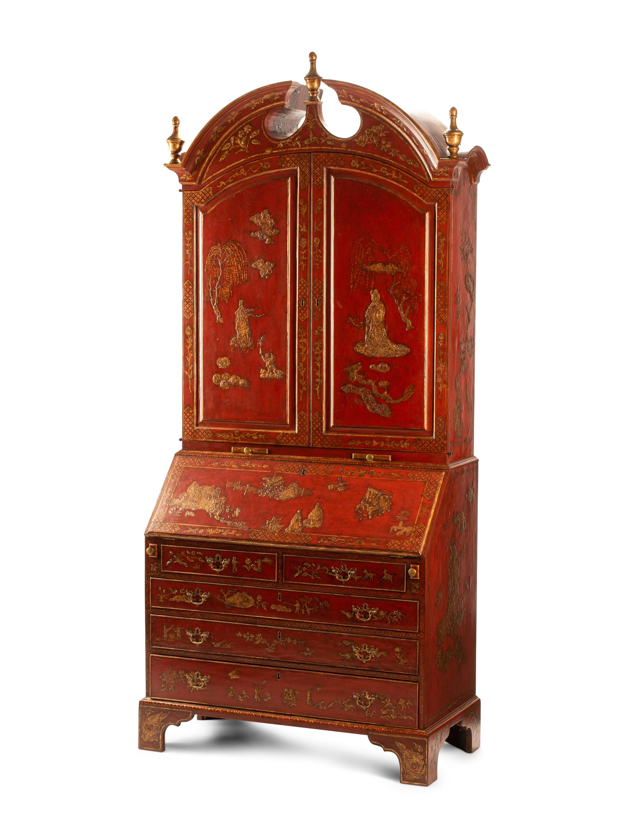 A George II Style Red Lacquered Chinoiserie Secretary Bookcase — 20TH CENTURY