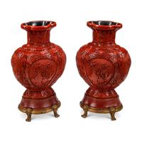 A Pair of Chinese Carved Red Lacquer Vases