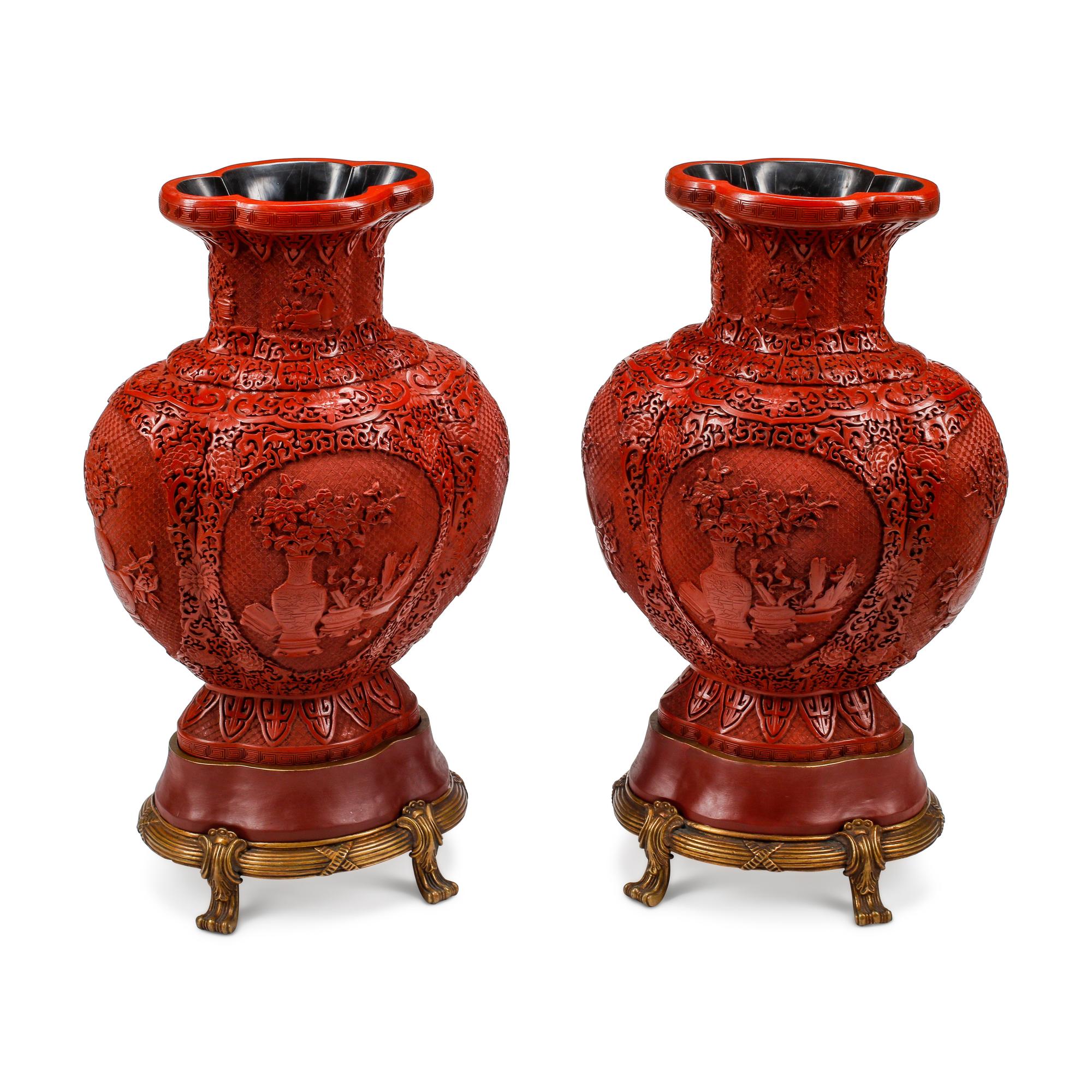 A Pair of Chinese Carved Red Lacquer Vases