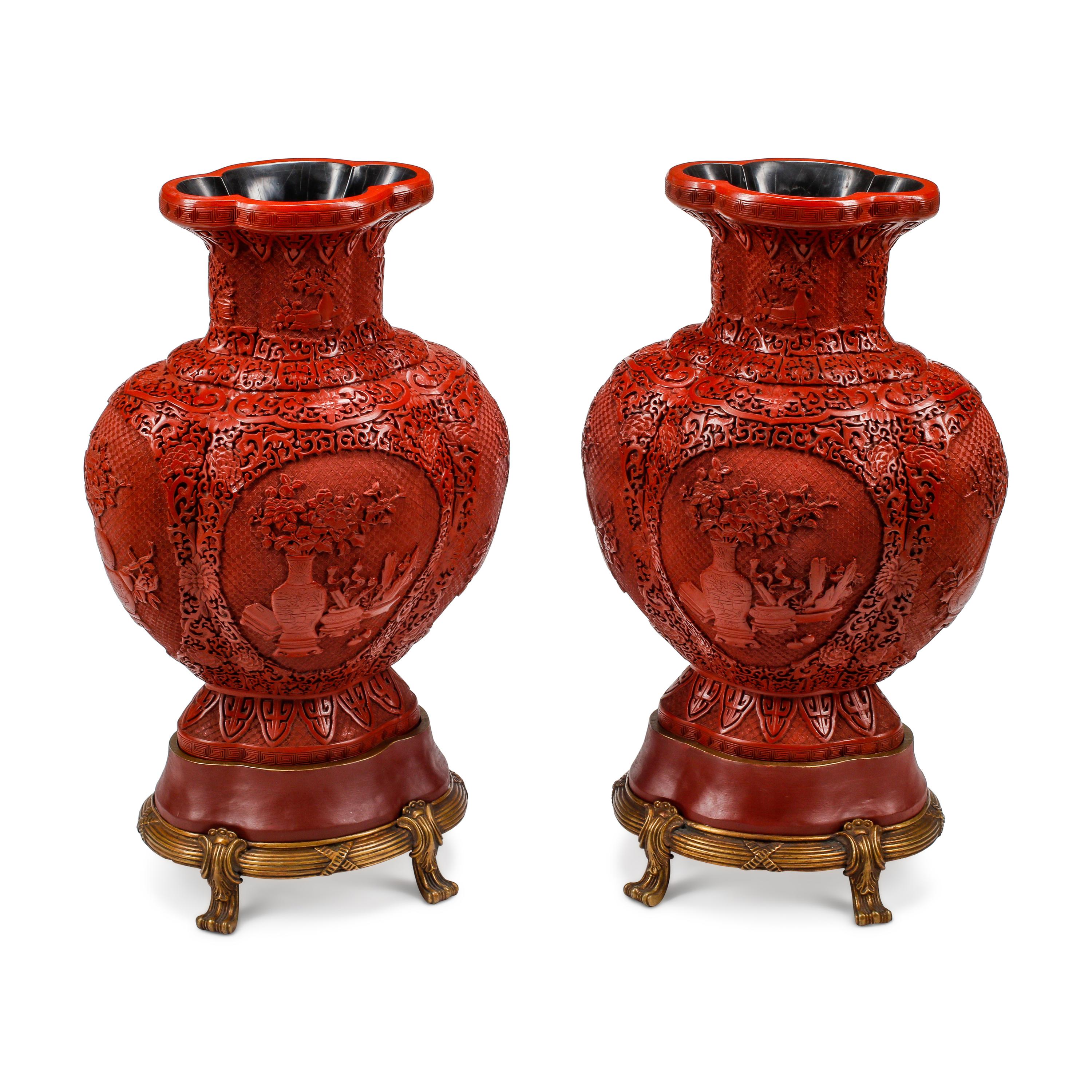 A Pair of Chinese Carved Red Lacquer Vases