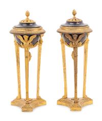 A Pair of Empire Style Gilt and Patinated Bronze Cassolettes