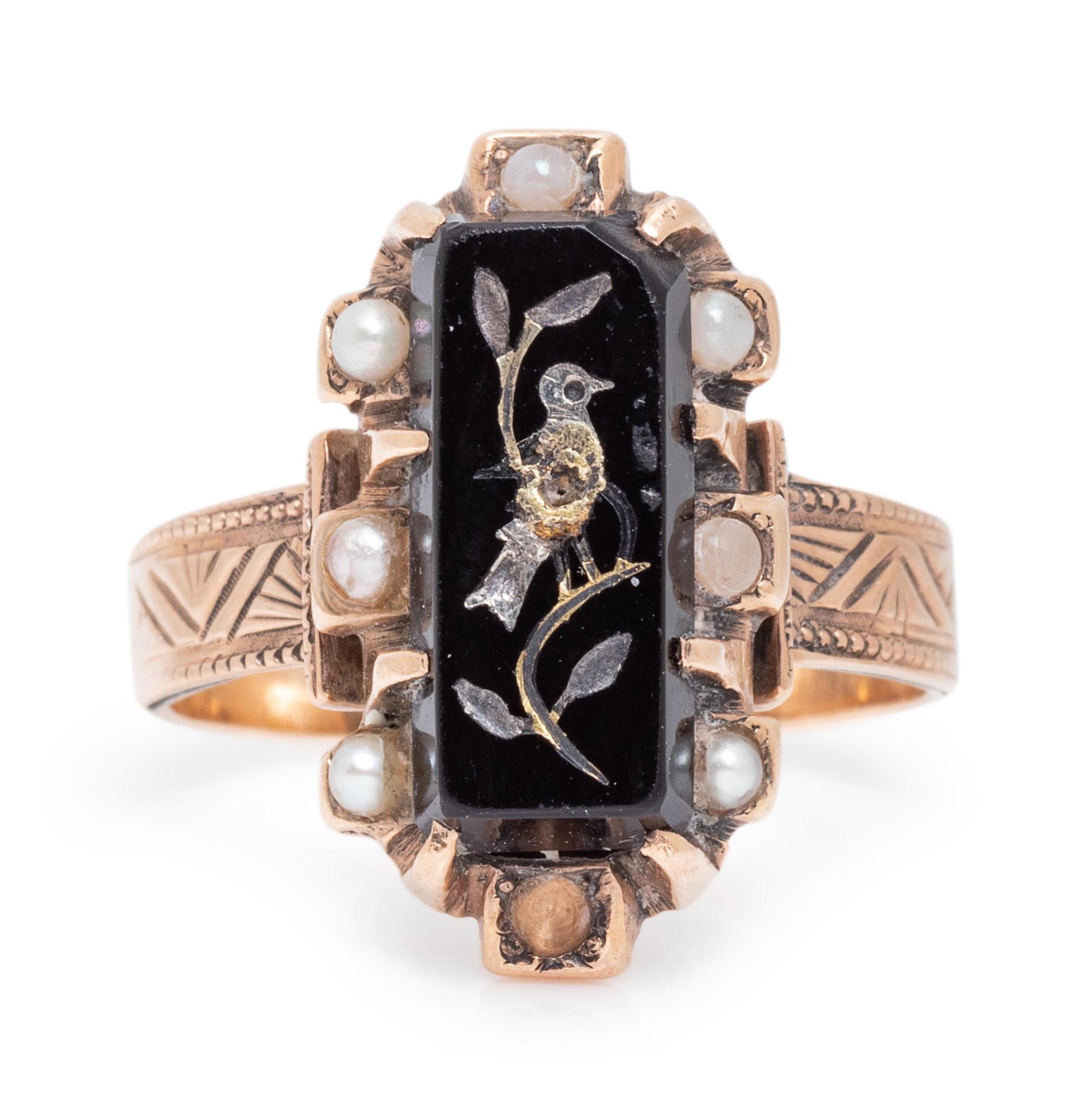 A Rose Gold, Onyx and Seed Pearl Ring,