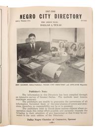 GILBERT, Don, ed. Negro City Directory, 1947-1948. Dallas: Don Gilbert & T.W. Pratt; Dallas Negro Chamber of Commerce, 1947.