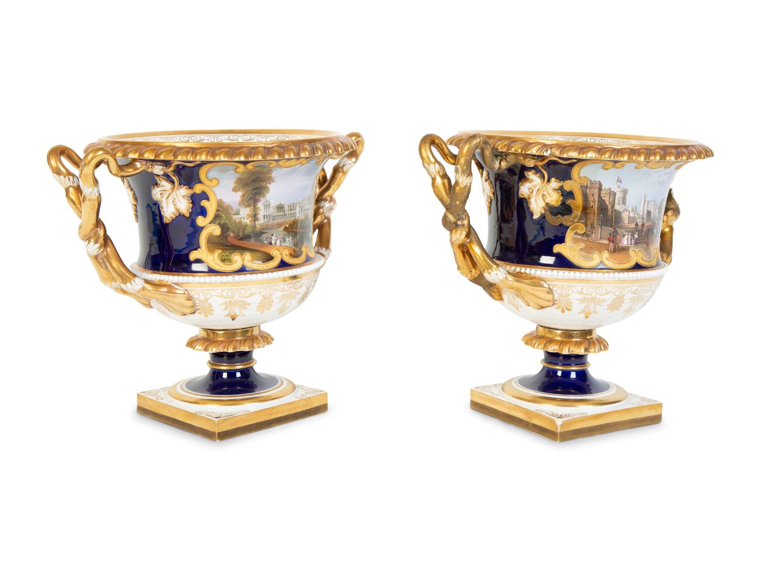 A Pair of Chamberlain Worcester Cache Pots Depicting Buckingham Palace and Windsor Castle — EARLY 19TH CENTURY