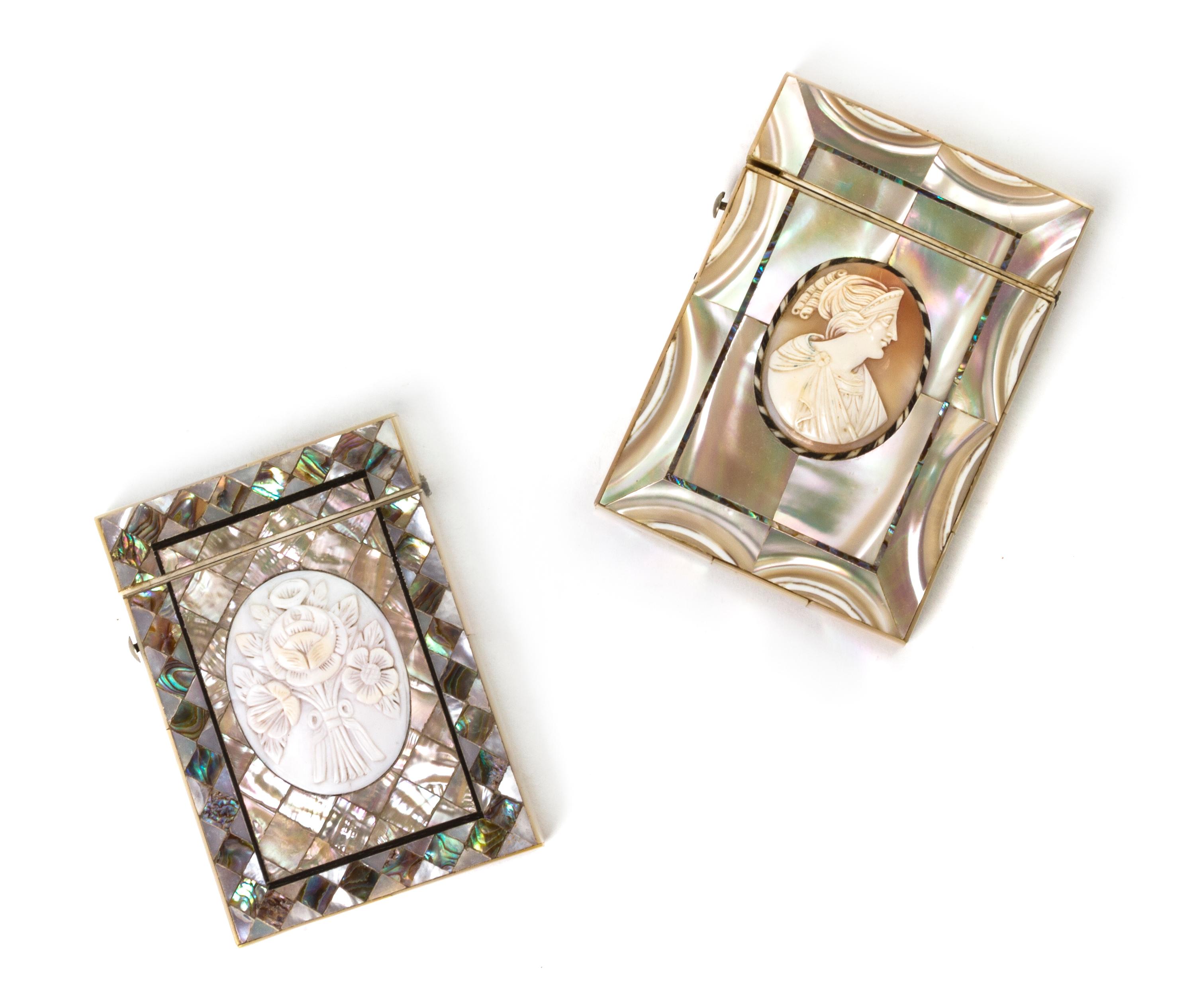 Two Mother-of-Pearl and Abalone Veneered Card Cases, Height of taller 3 5/8 inches.