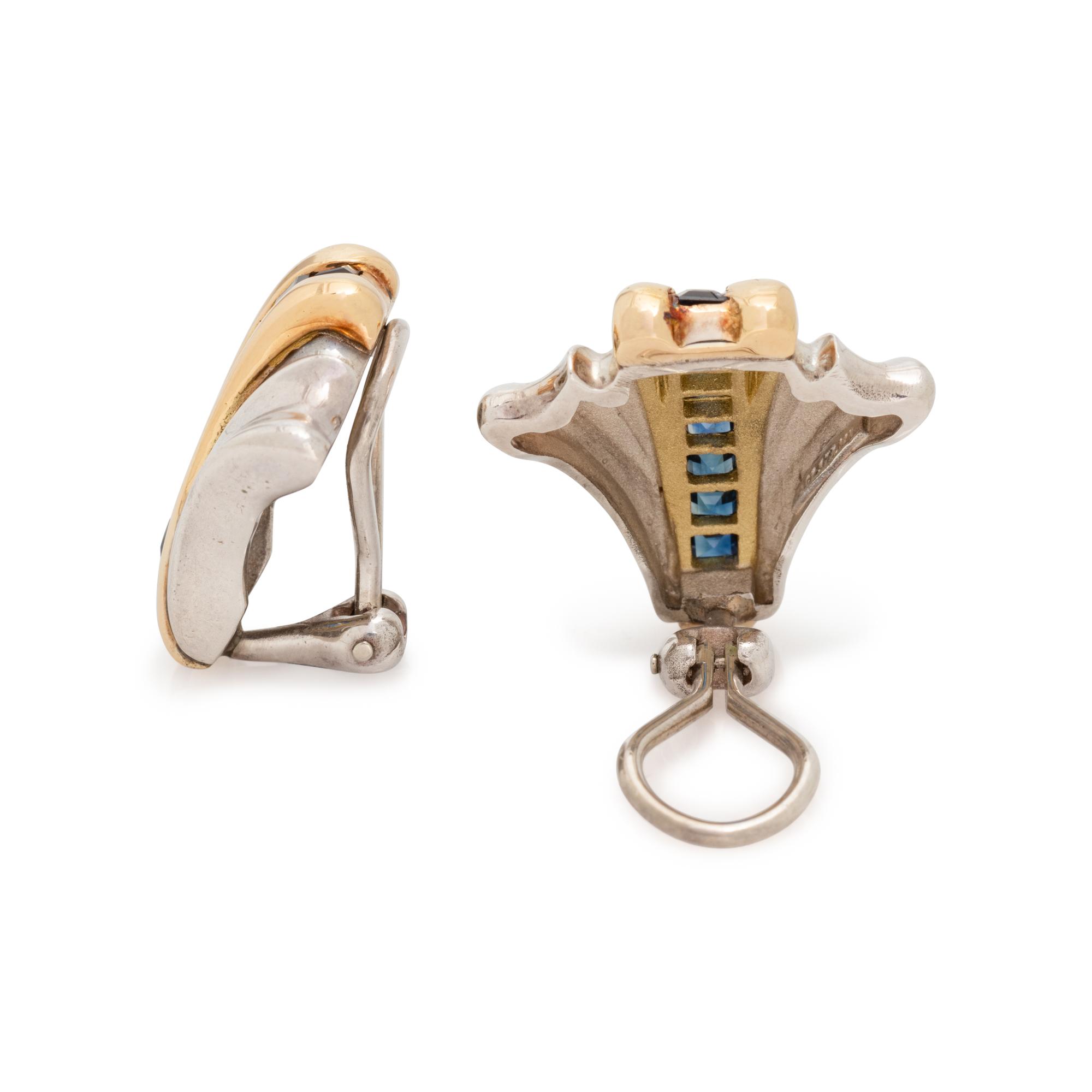 TIFFANY & CO., STERLING SILVER, YELLOW GOLD AND SAPPHIRE EARCLIPS