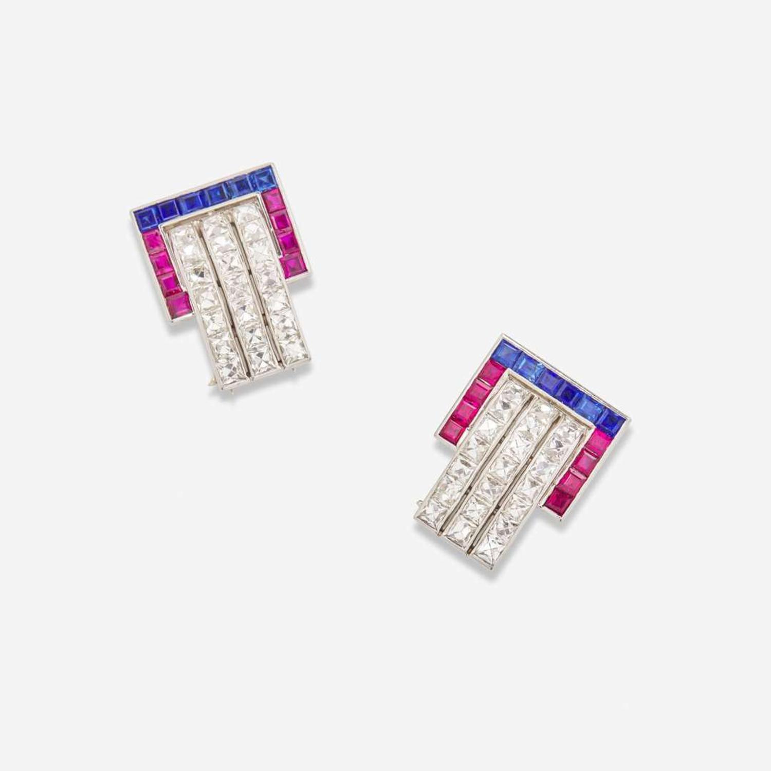 A Set of Matching Sapphire, Ruby, and Diamond Dress Clips