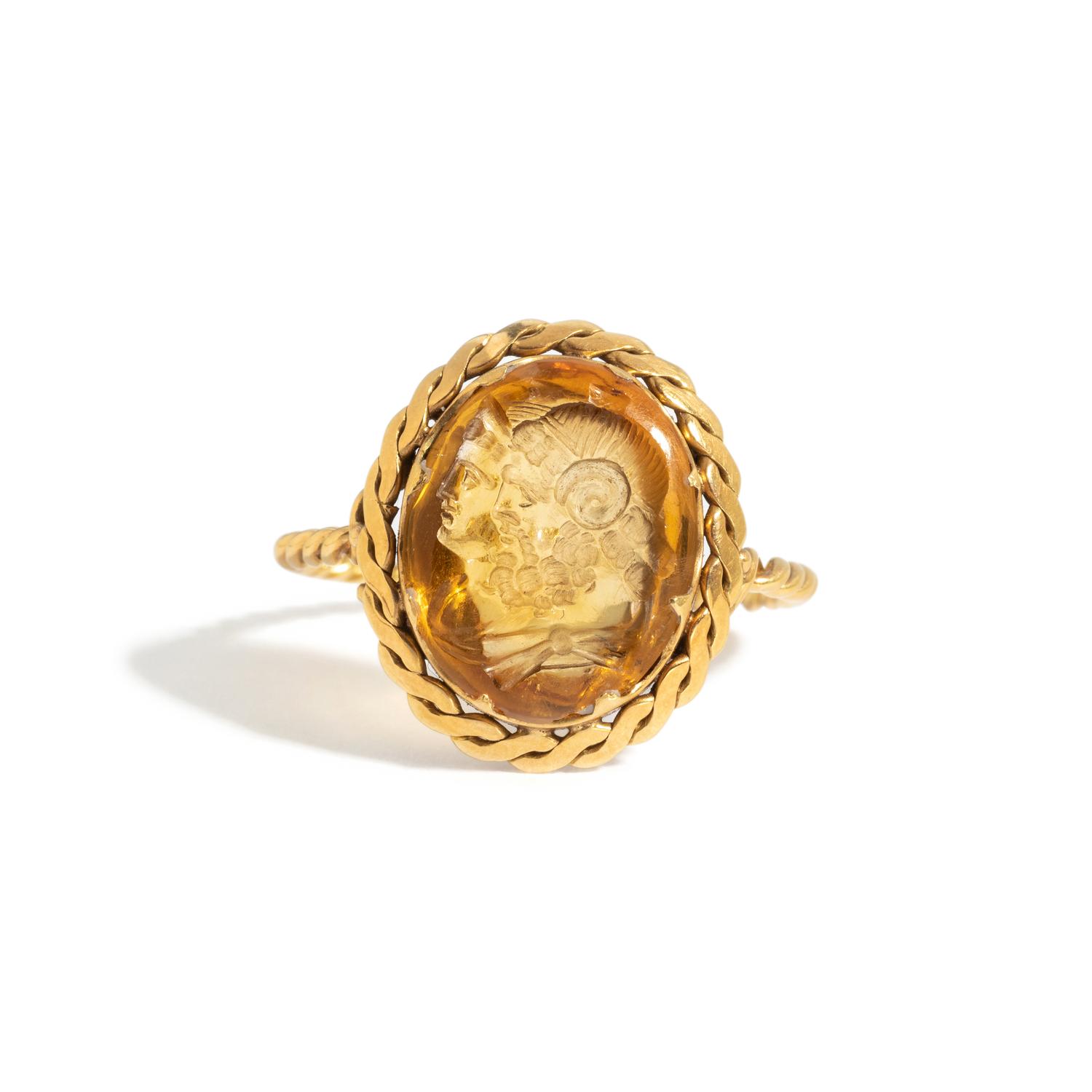 A Neoclassical Gold and Citrine Finger Ring with a Double Bust of Jupiter-Ammon and Juno-Isis