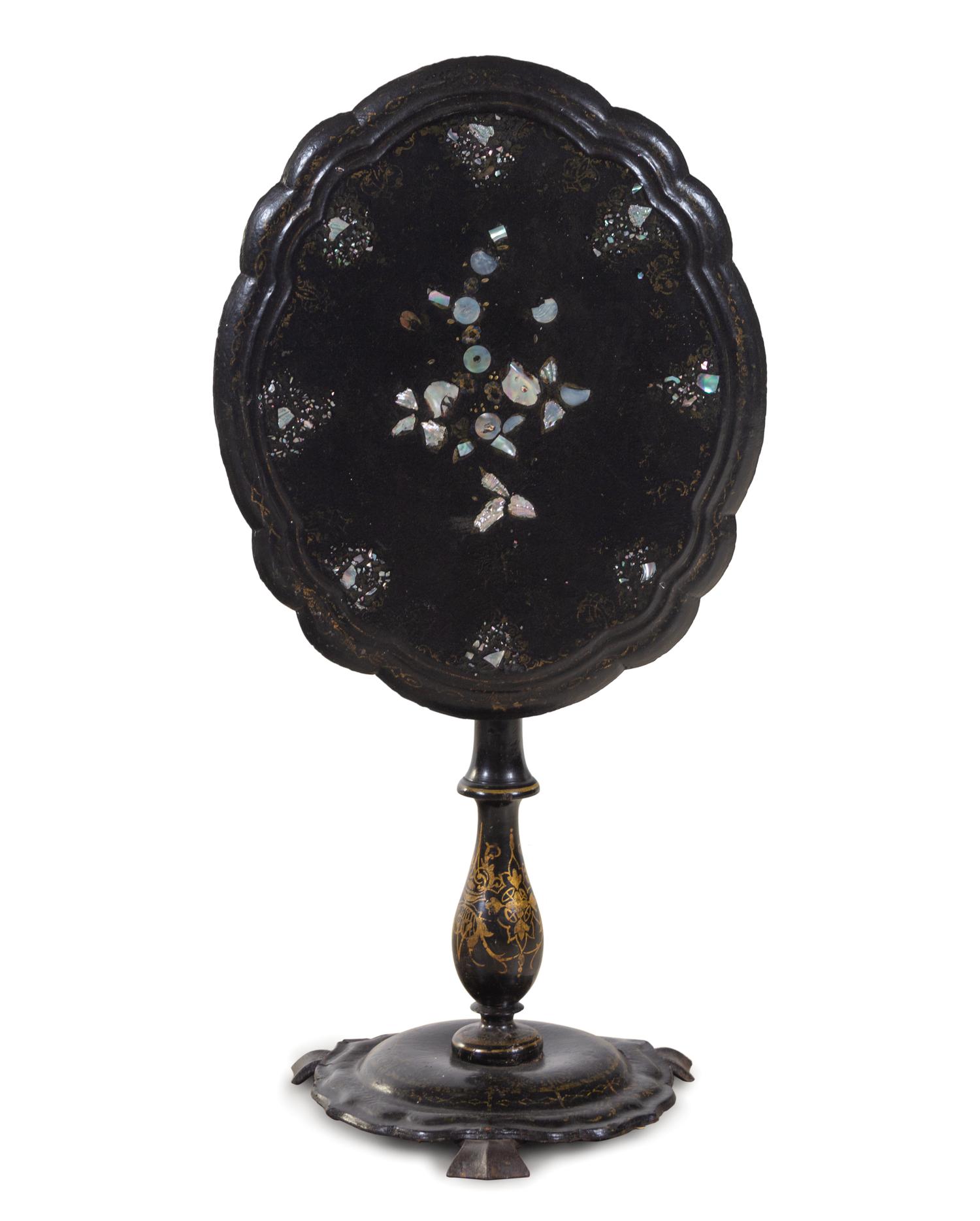 A Victorian Lacquered and Mother-of-Pearl Inlaid Tilt-Top Table