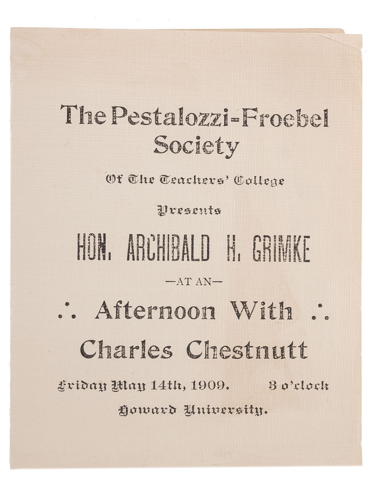 [CHESNUTT, Charles (1858-1932)]. A group of 3 items related to Charles Chesnutt, incl. Howard University programs and ALS from Susan V. Chesnutt to head of NAACP Arthur Spingarn.