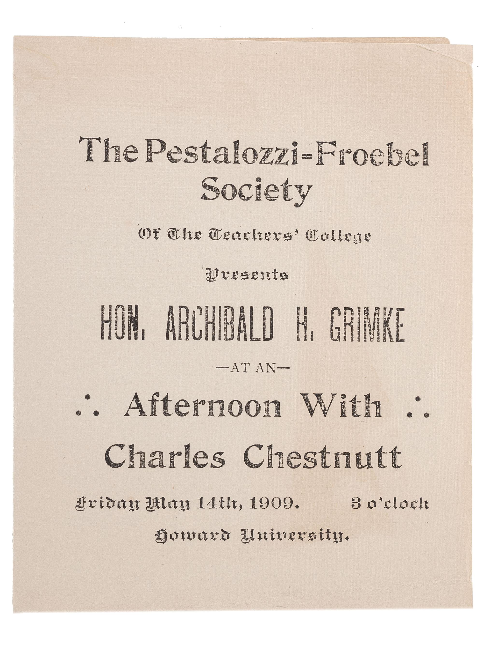[CHESNUTT, Charles (1858-1932)]. A group of 3 items related to Charles Chesnutt, incl. Howard University programs and ALS from Susan V. Chesnutt to head of NAACP Arthur Spingarn.
