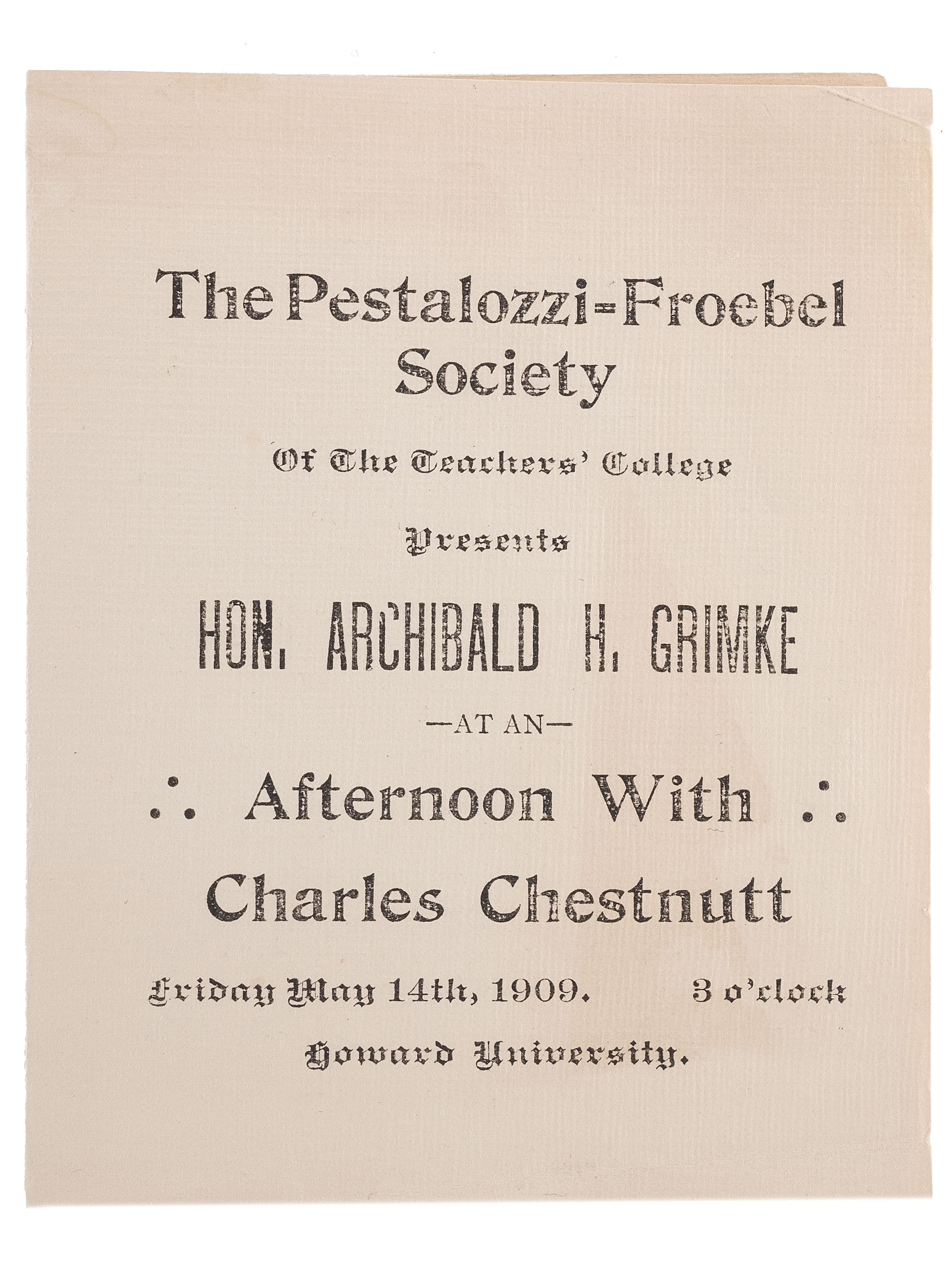 [CHESNUTT, Charles (1858-1932)]. A group of 3 items related to Charles Chesnutt, incl. Howard University programs and ALS from Susan V. Chesnutt to head of NAACP Arthur Spingarn.