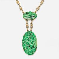 A Set of 14K Yellow Gold and Jadeite Necklace and Bracelet