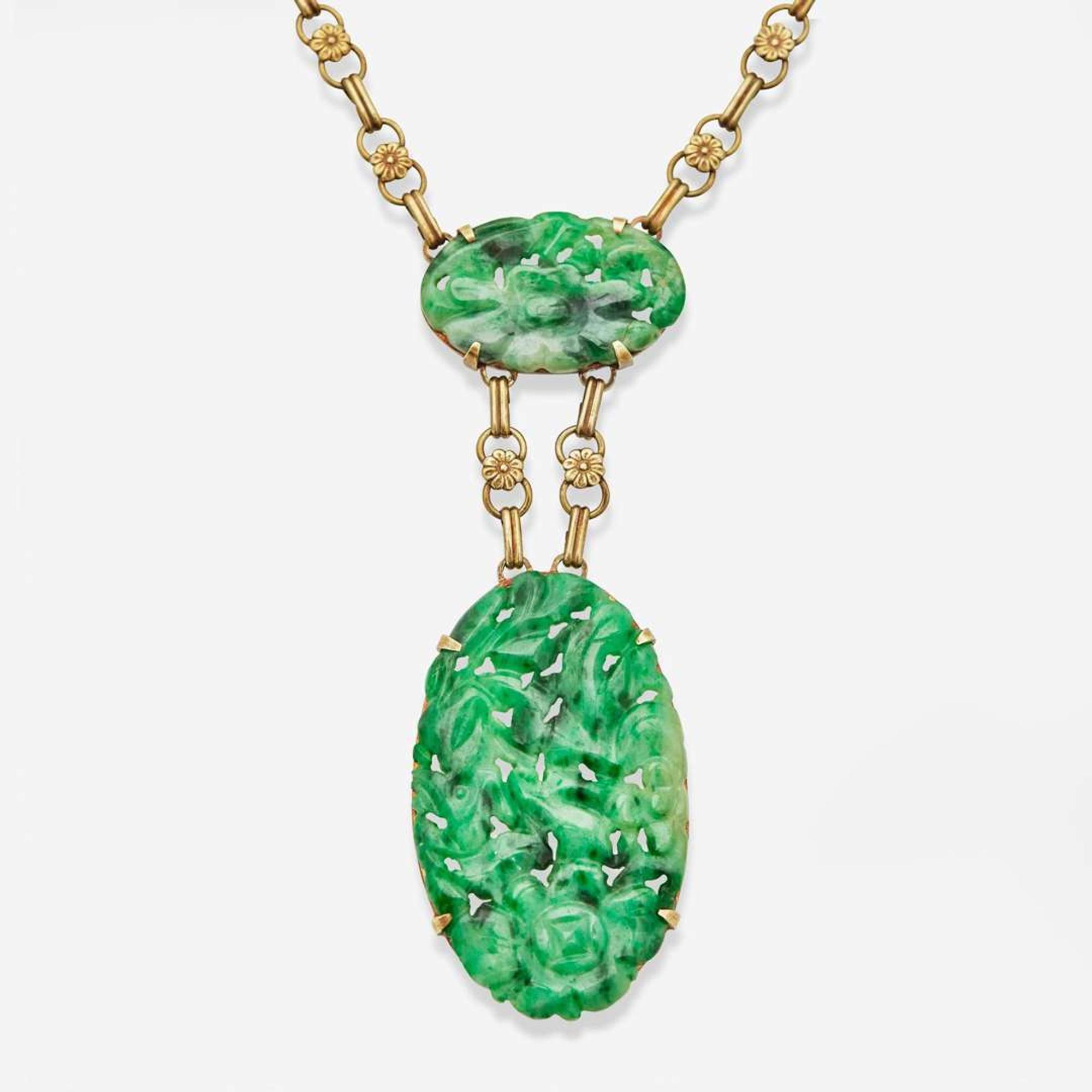 A Set of 14K Yellow Gold and Jadeite Necklace and Bracelet
