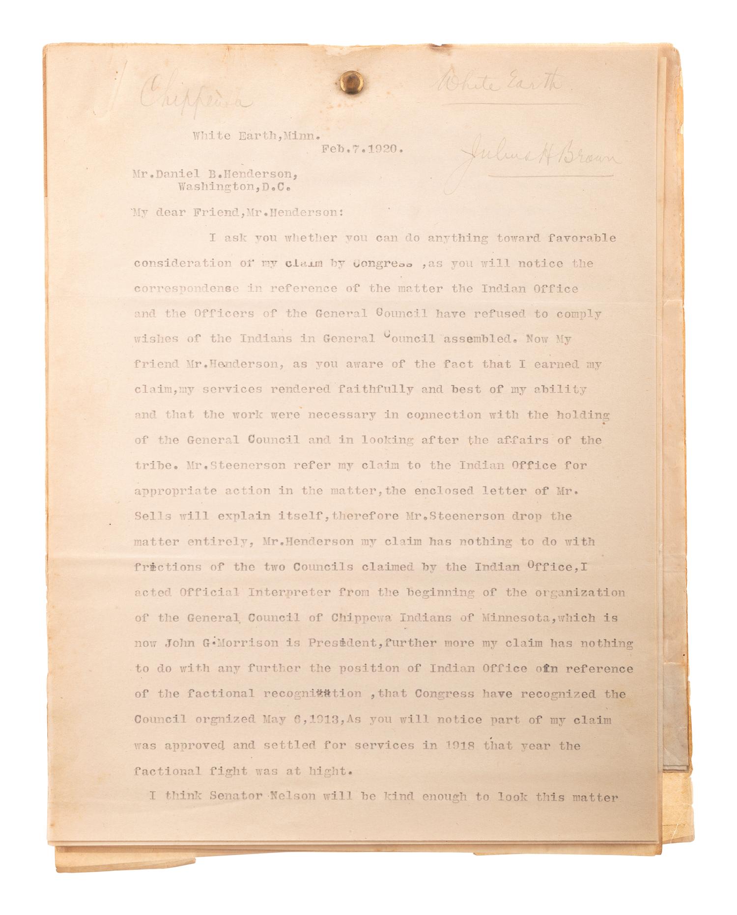 [NATIVE AMERICANS]. A group of documents related to the Sioux, Chippewa, and Cherokee Indians, ca first quarter 20th century.