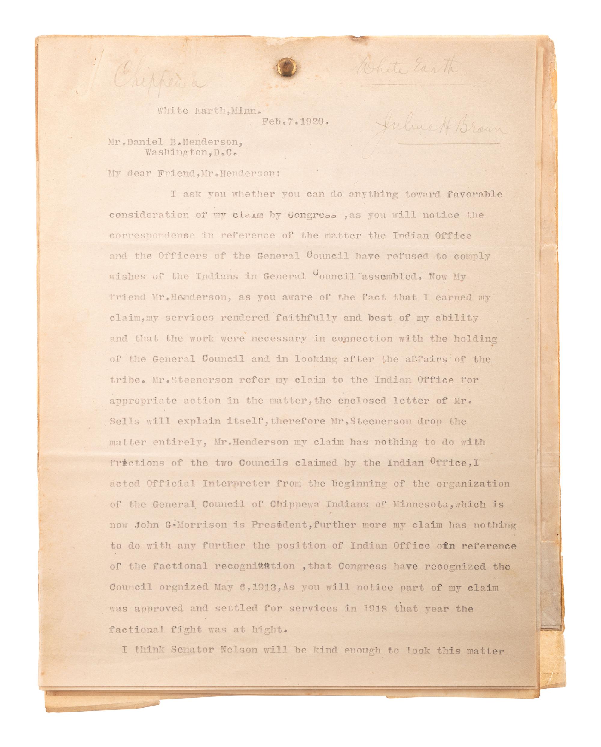 [NATIVE AMERICANS]. A group of documents related to the Sioux, Chippewa, and Cherokee Indians, ca first quarter 20th century.