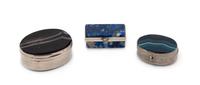 A Group of Three Hardstone Mounted Snuff Boxes, Late 19th/Early 20th Century, comprising two examples with agate inset lids and bases a