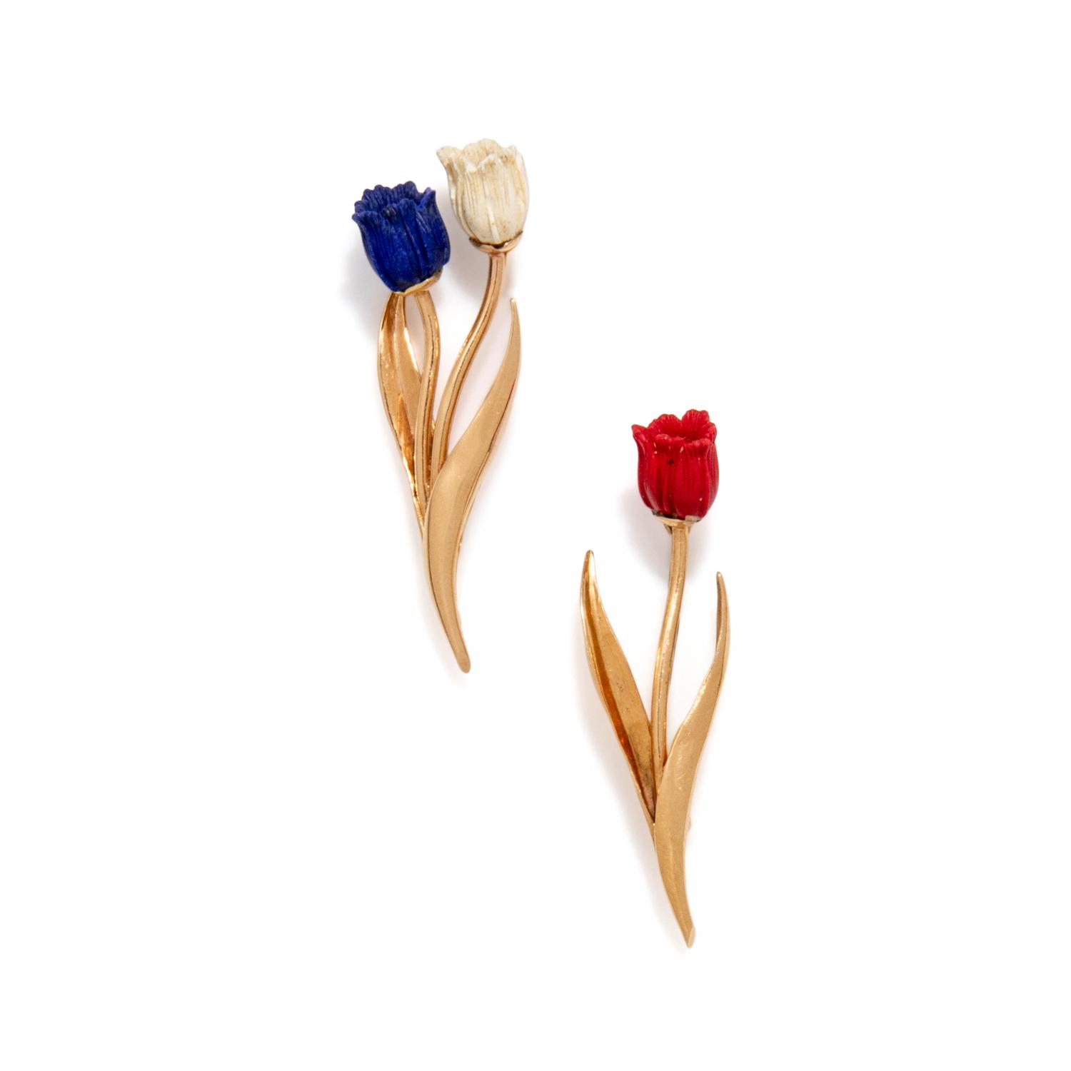 FRED PARIS, PAIR OF BLUE AND WHITE HARDSTONE, RED CORAL, AND YELLOW GOLD TULIP BROOCHES