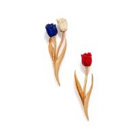 FRED PARIS, PAIR OF BLUE AND WHITE HARDSTONE, RED CORAL, AND YELLOW GOLD TULIP BROOCHES