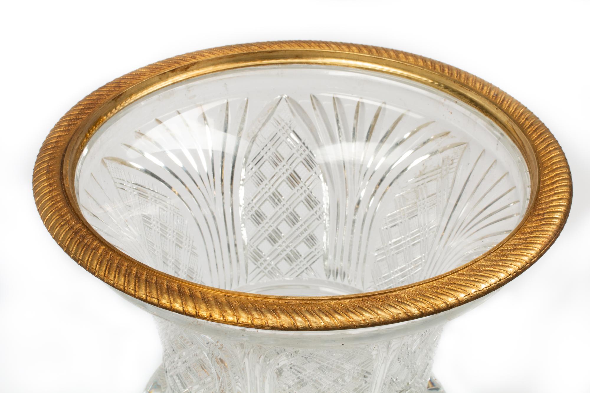 A Pair of French Gilt Bronze Mounted Cut Glass Urns