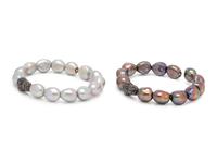 PAIR OF CULTURED TAHITIAN PEARL AND BLACK DIAMOND BANGLE BRACELETS