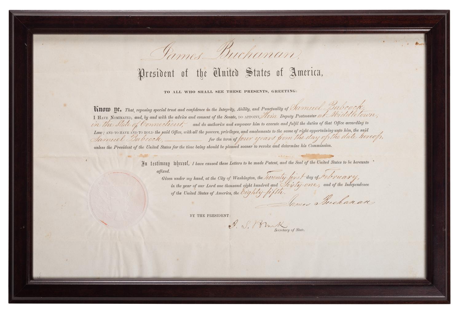 BUCHANAN, James (1791-1868). Partly printed document signed ("James Buchanan"), as President, countersigned by Jeremiah S. Black (1810-1883), Secretary of State. 21 February 1861.