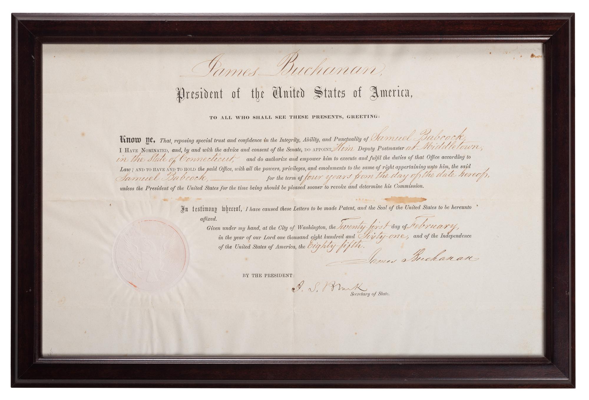BUCHANAN, James (1791-1868). Partly printed document signed ("James Buchanan"), as President, countersigned by Jeremiah S. Black (1810-1883), Secretary of State. 21 February 1861.