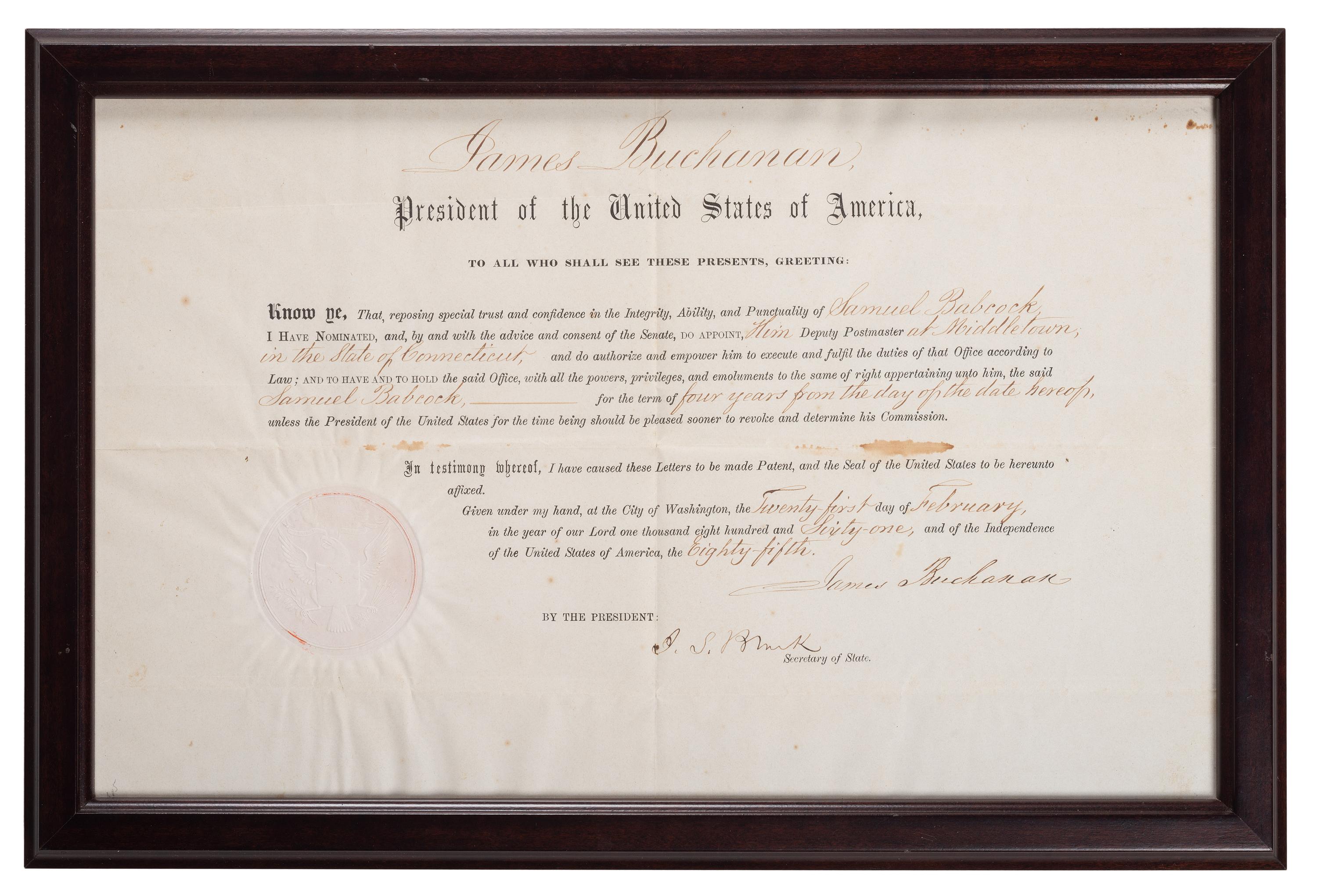 BUCHANAN, James (1791-1868). Partly printed document signed ("James Buchanan"), as President, countersigned by Jeremiah S. Black (1810-1883), Secretary of State. 21 February 1861.