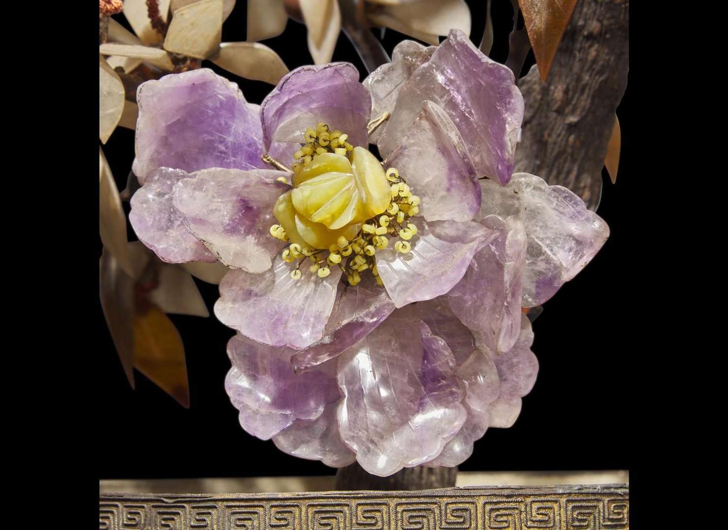 A pair of Chinese hardstone “Flowering Bonsai” in cloisonné jardinieres, 19th to early 20th century 景泰藍花盆寶石盆栽 十九至二十世紀