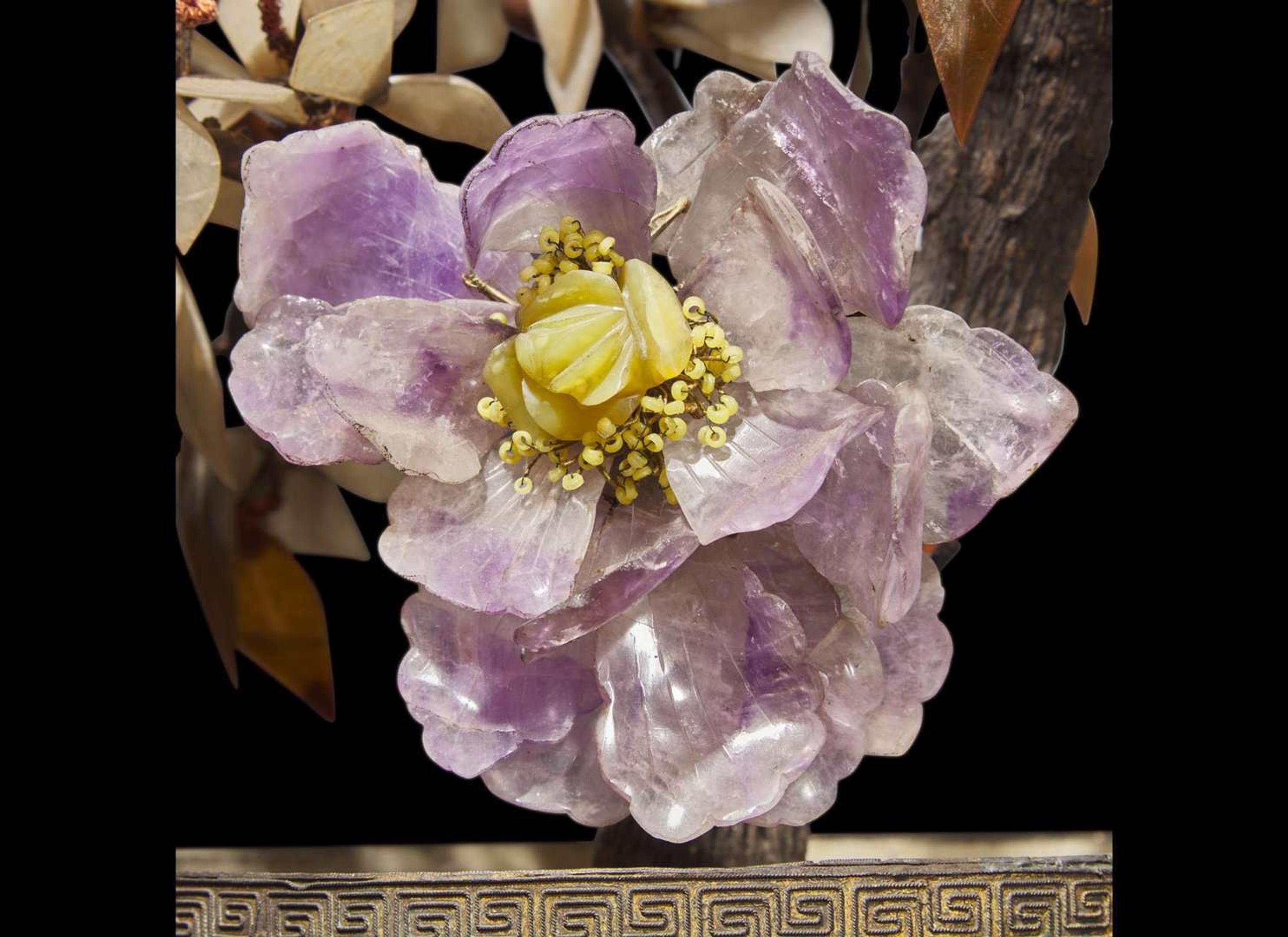 A pair of Chinese hardstone “Flowering Bonsai” in cloisonné jardinieres, 19th to early 20th century 景泰藍花盆寶石盆栽 十九至二十世紀