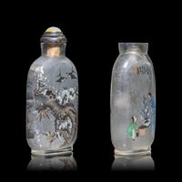 Two Chinese Inside Painted Glass Snuff Bottles 馬少宣（款）、阎玉田玻璃内畫鼻烟壺兩支