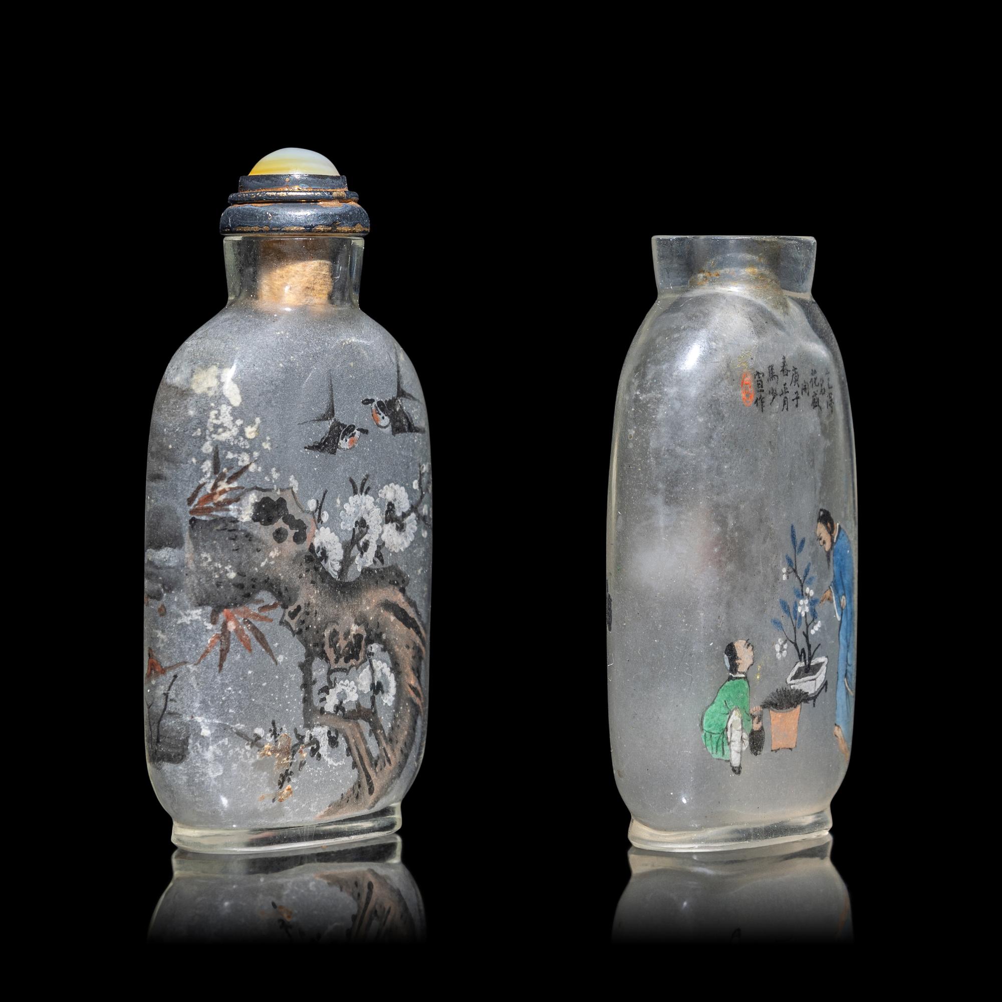 Two Chinese Inside Painted Glass Snuff Bottles 馬少宣（款）、阎玉田玻璃内畫鼻烟壺兩支