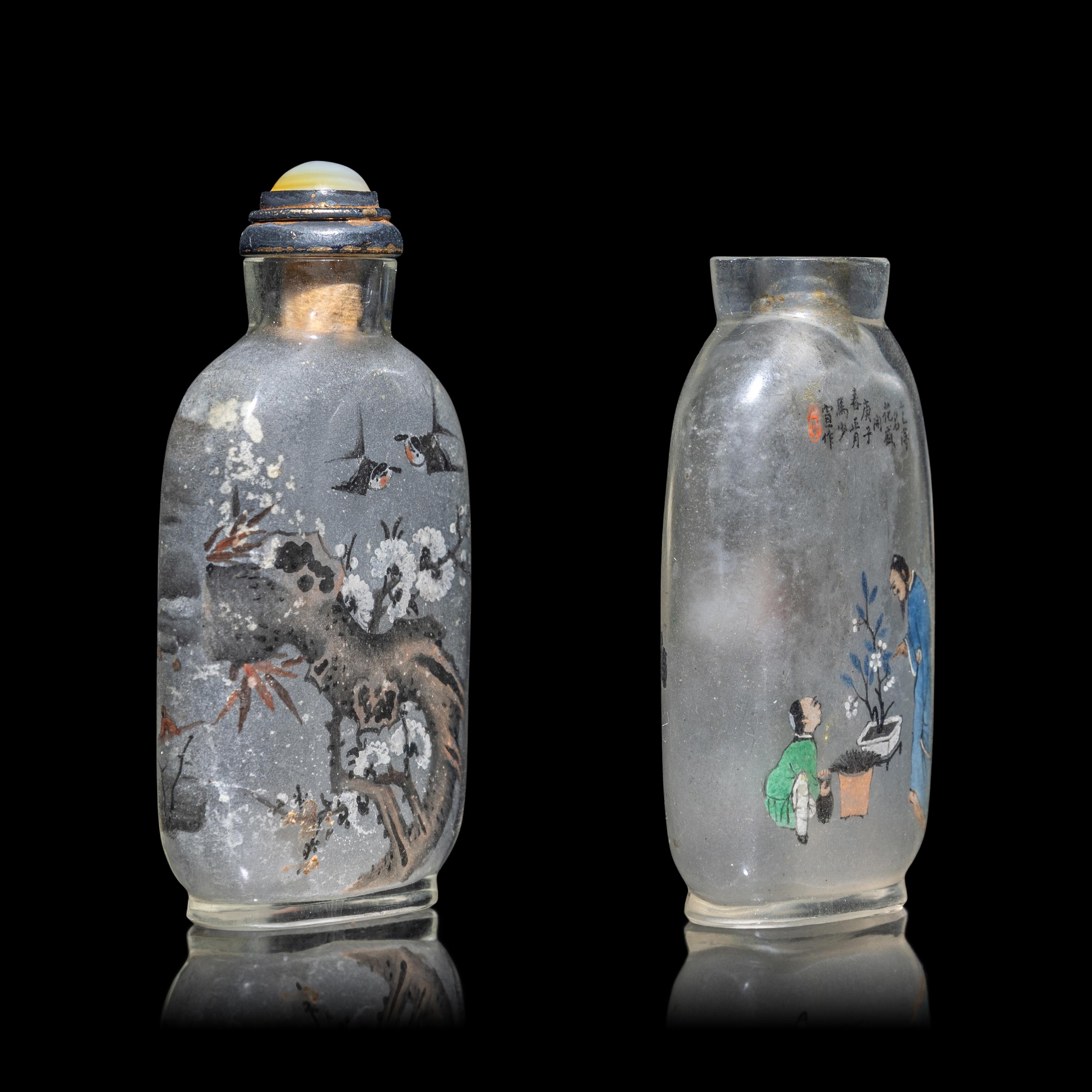 Two Chinese Inside Painted Glass Snuff Bottles 馬少宣（款）、阎玉田玻璃内畫鼻烟壺兩支