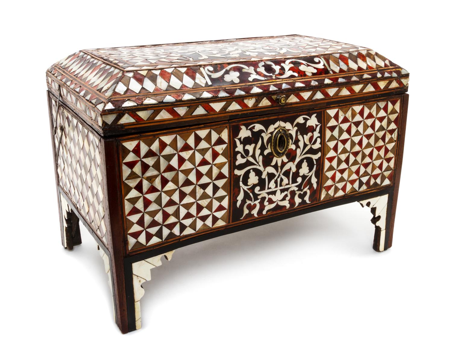 A Turkish Mother-of-Pearl Inlaid Chest, 18TH CENTURY WITH LATER ELEMENTS, Height 13 1/2 x width 19 3/8 x depth 11 1/4 inches. — 18TH CENTURY WITH LATER ELEMENTS,