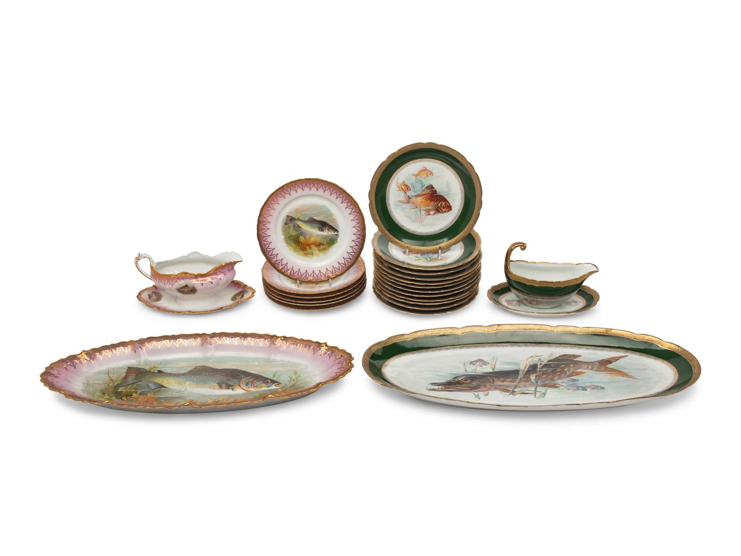Two Hand-Painted Porcelain Fish Services