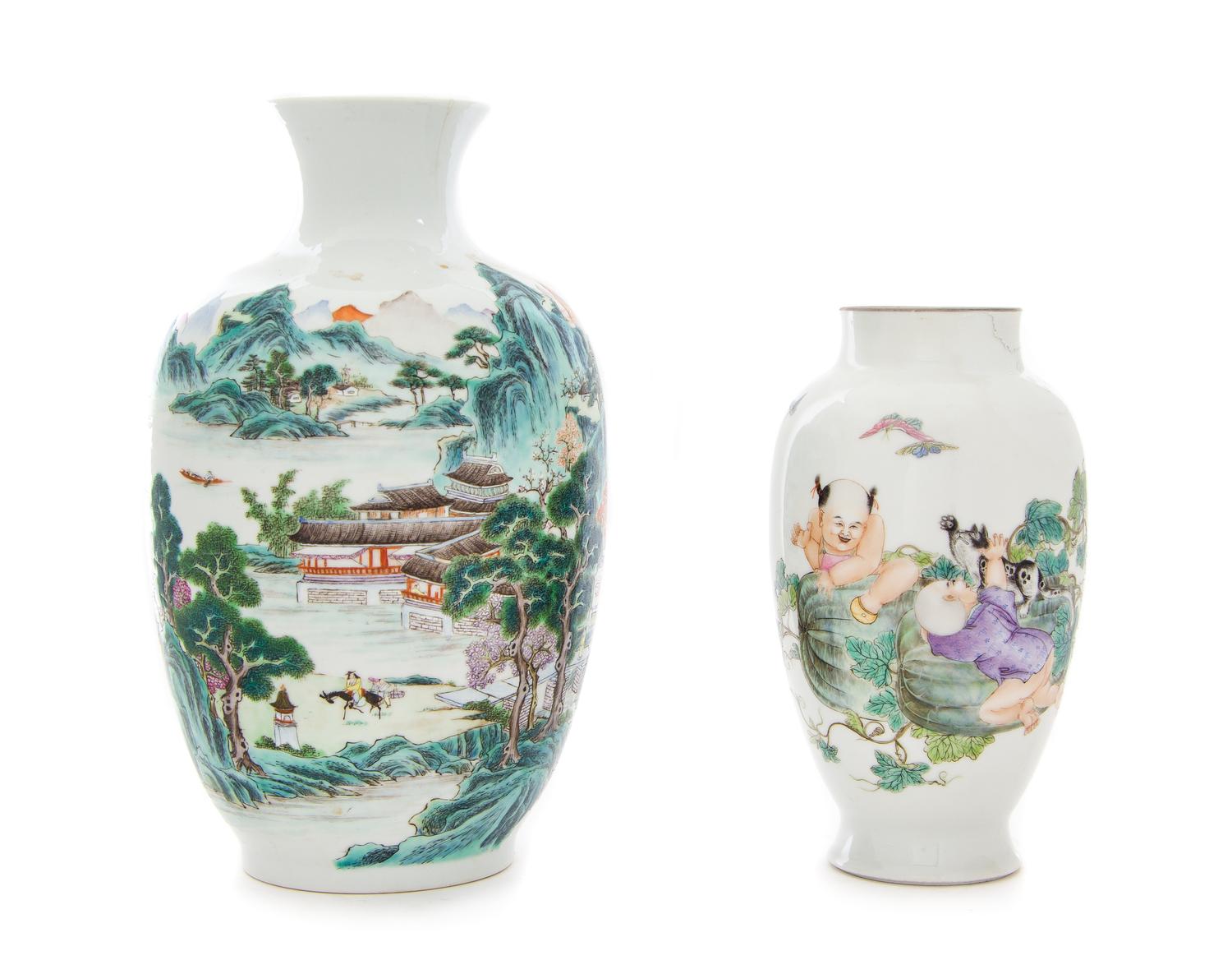 Two Famille Rose Porcelain Vases Height of larger 12 inches. — LATE 19TH-20TH CENTURY