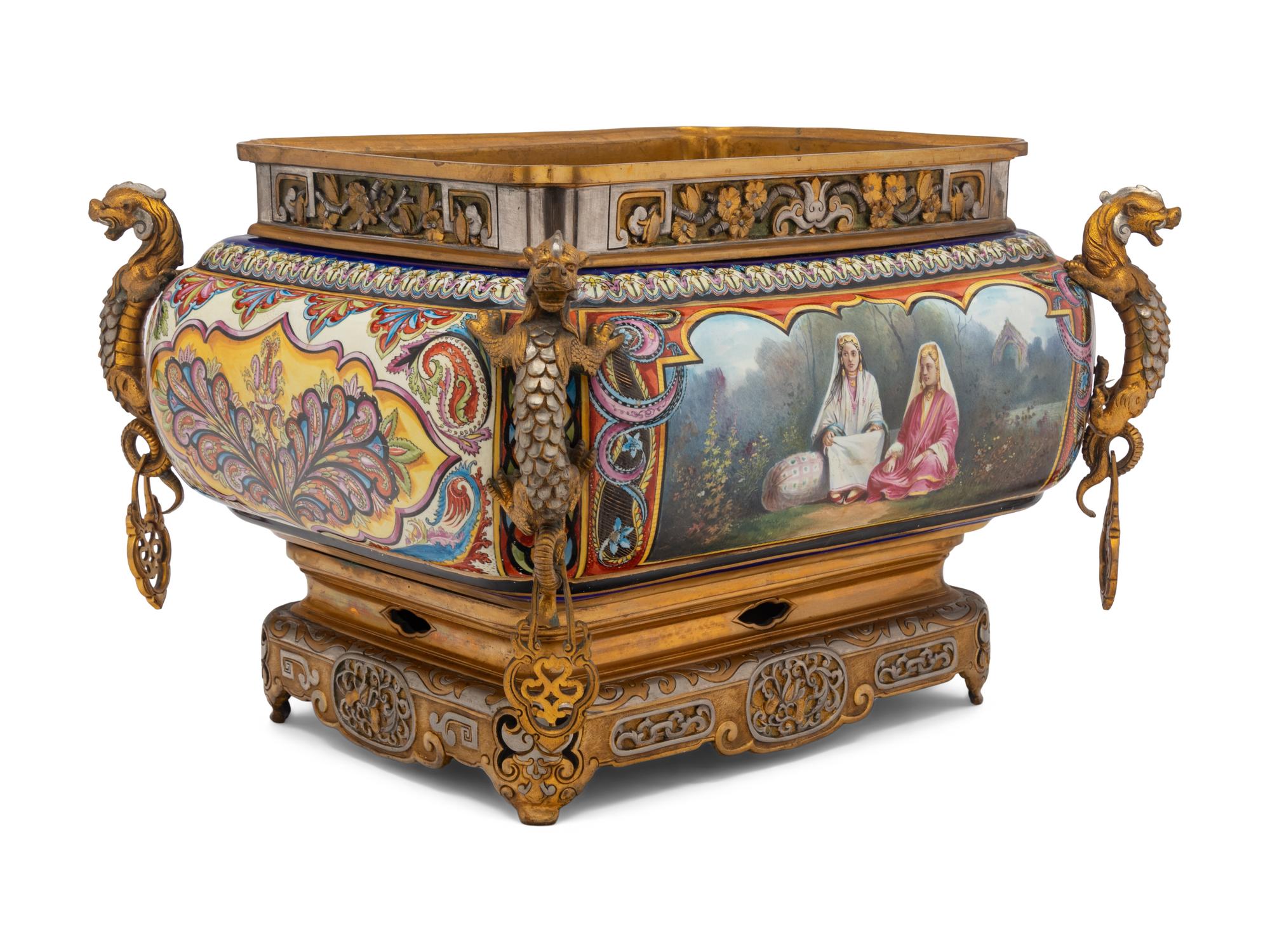 A French Silvered and Gilt Bronze Mounted Porcelain Jardinière
