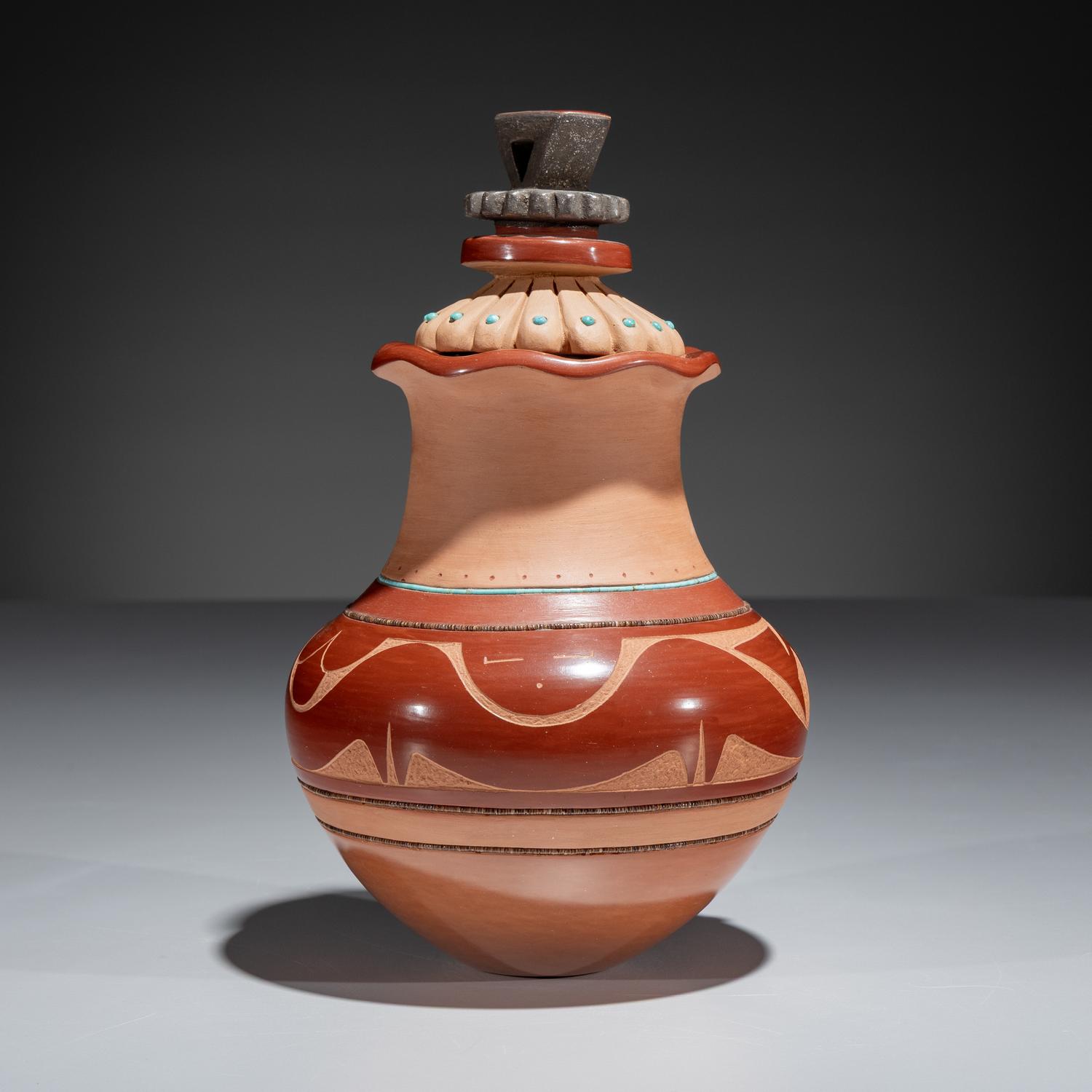 Carved Three-Toned Pottery Jar, with Turquoise Beads