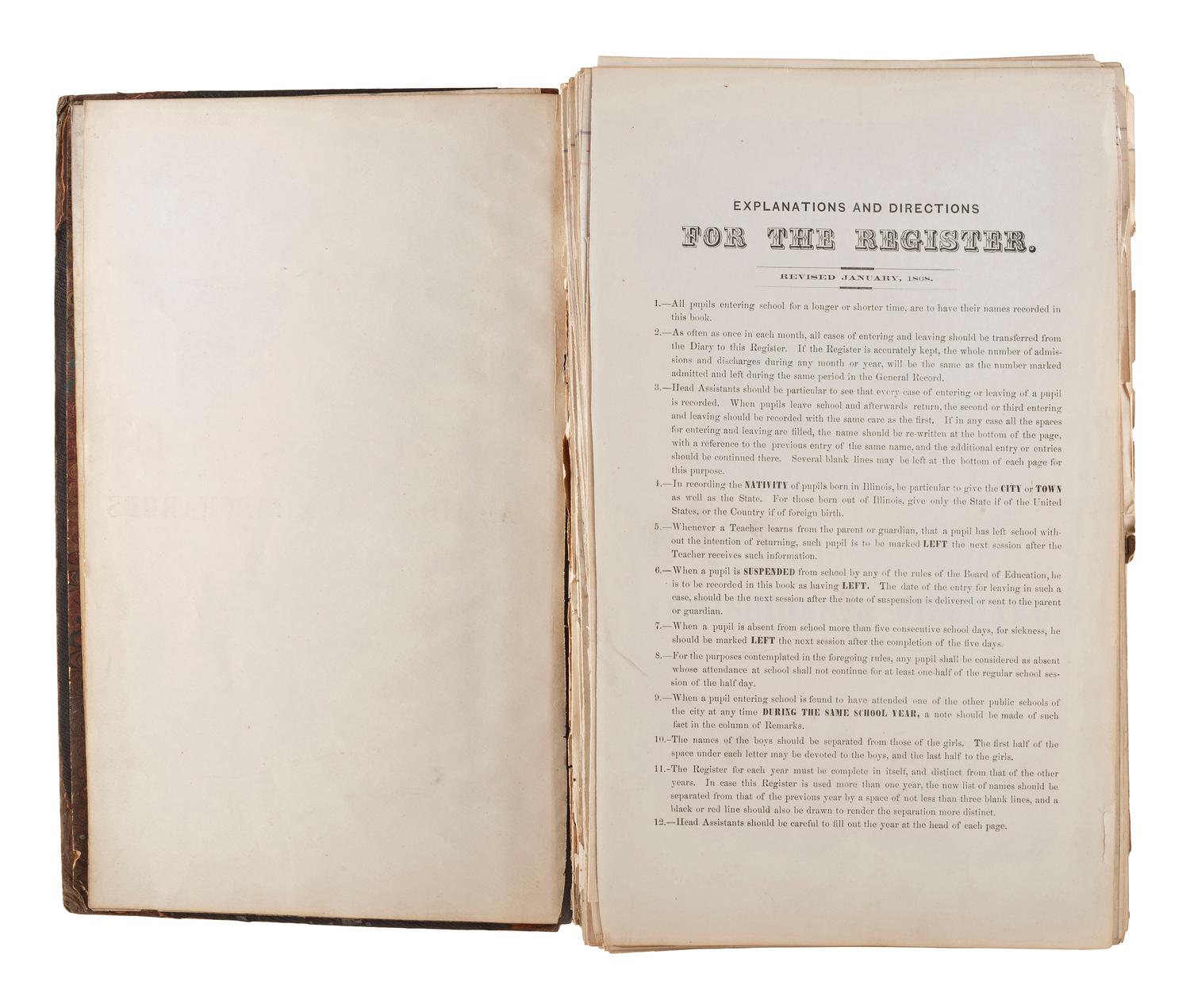 [CHICAGO FIRE]. Register of Admissions and Discharges in the Foster School, Chicago, Illinois, 1871-1872.