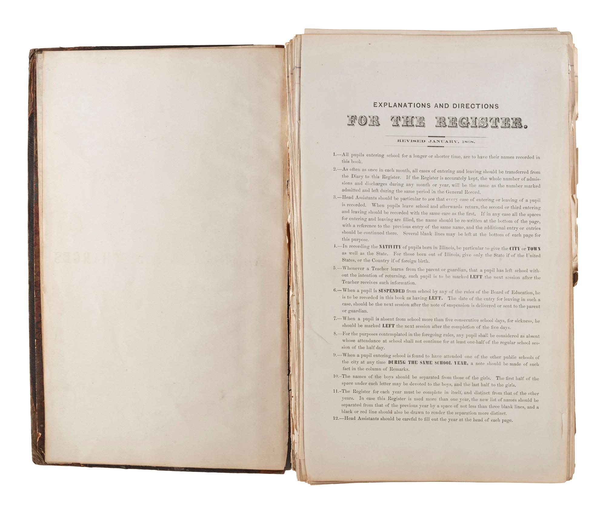 [CHICAGO FIRE]. Register of Admissions and Discharges in the Foster School, Chicago, Illinois, 1871-1872.