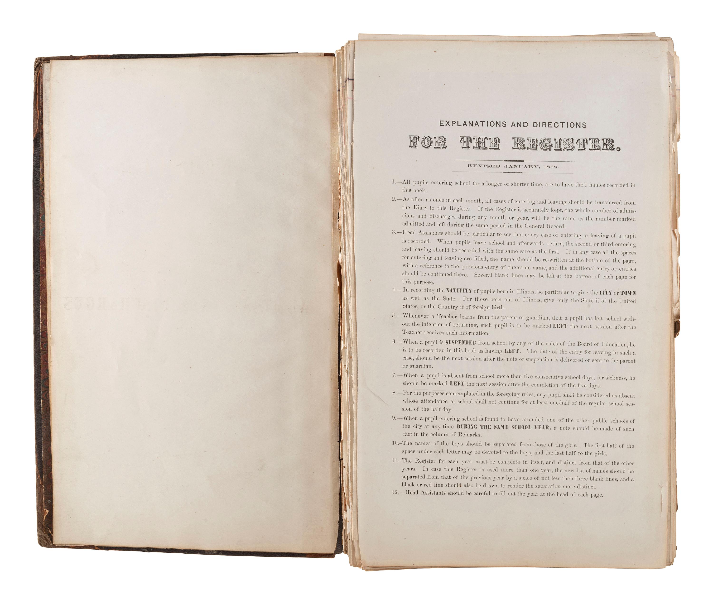 [CHICAGO FIRE]. Register of Admissions and Discharges in the Foster School, Chicago, Illinois, 1871-1872.