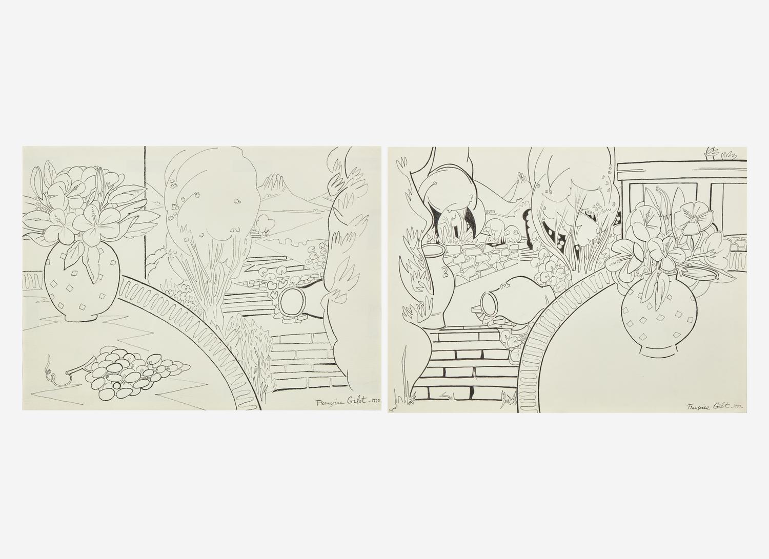 Paysage Grec avec Grappe de Raisin and Bouquet d’hibiscus Dans le Jardin , 1990 (a pair of works)