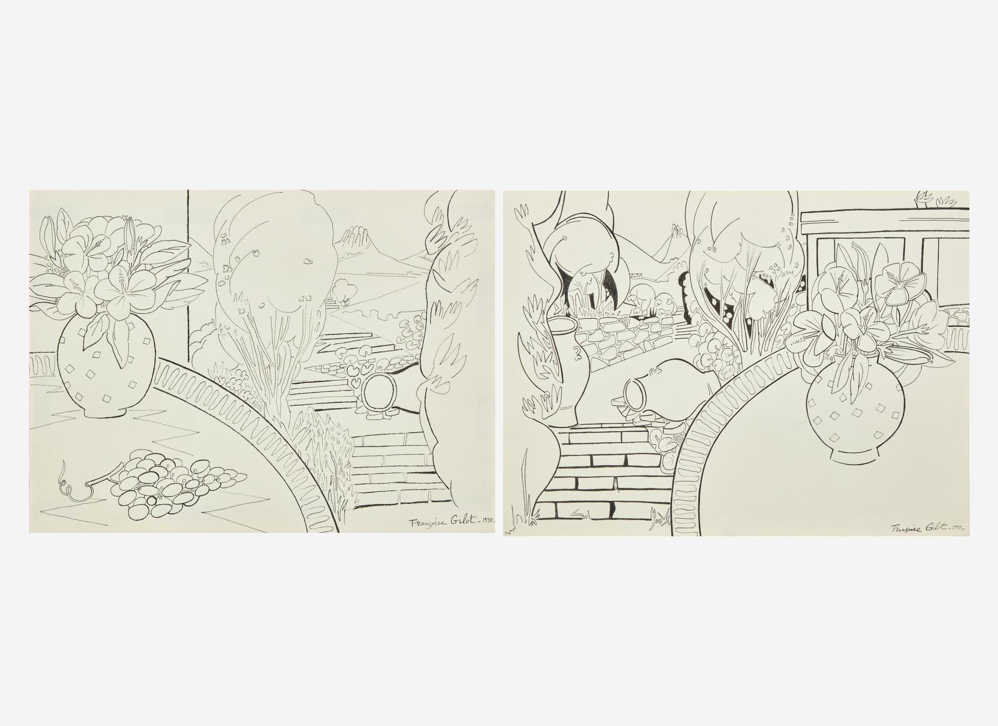 Paysage Grec avec Grappe de Raisin and Bouquet d’hibiscus Dans le Jardin , 1990 (a pair of works)