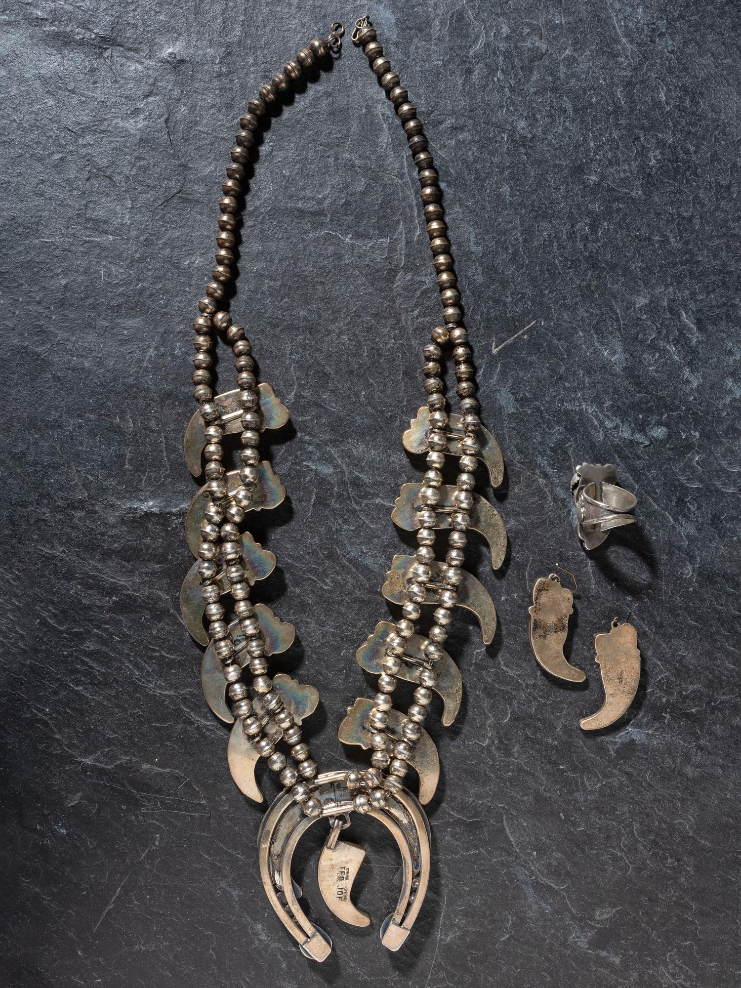 Sterling Silver Claw, Turquoise, and Coral Squash Blossom Necklace Suite