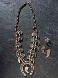 Sterling Silver Claw, Turquoise, and Coral Squash Blossom Necklace Suite
