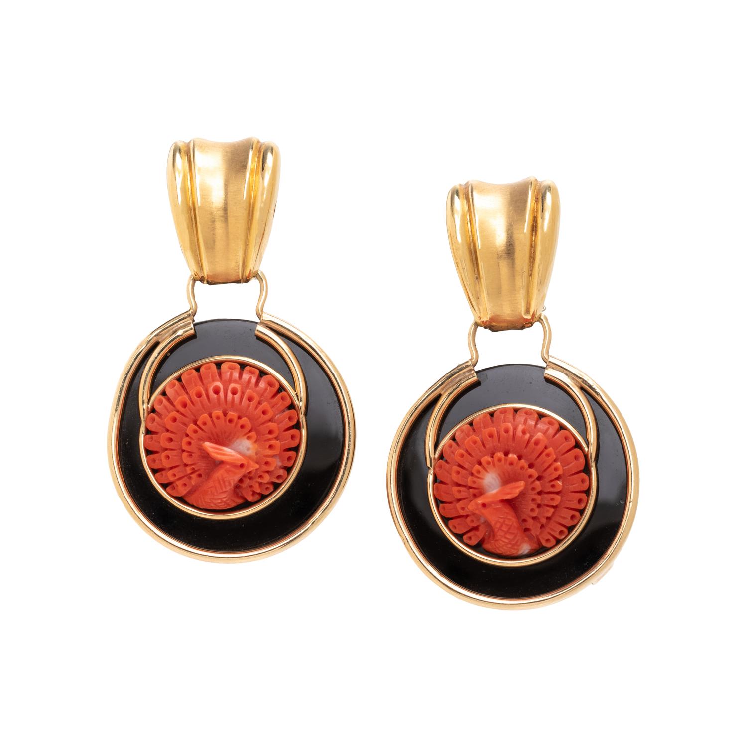 ONYX AND CARVED CORAL EARCLIPS